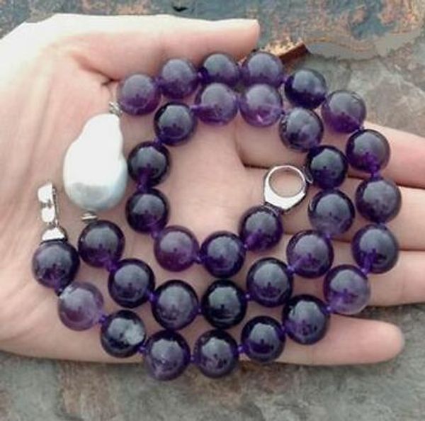 

pearls jewelry natural amethyst white keshi pearl 19" necklace, Silver