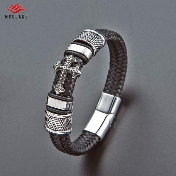 

moocare classical handmade leather chain weaved man charm bracelets trendy magnet clasp 316l stainless steel wristband men, White