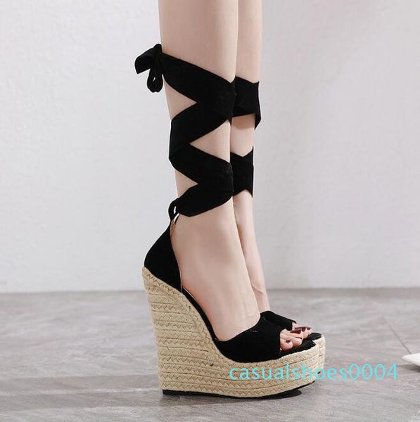

2020 european station early spring new straps wedge rope thick bottom roman sandals c04, Black
