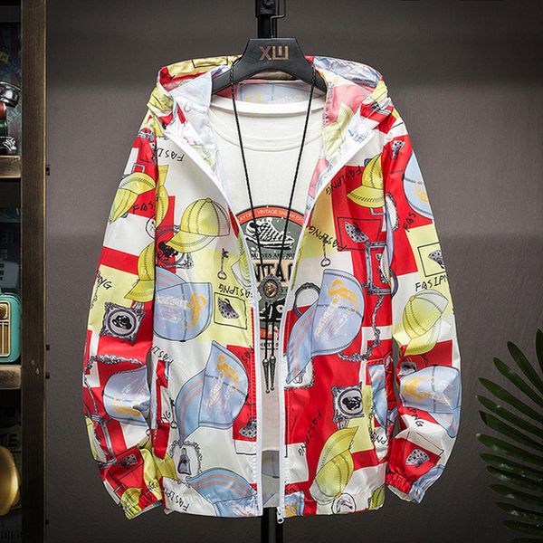 

s-7xl] 2020 light-weight men's summer hood jacket fashion print thin windbreaker packable sunscreen beach casual zipper coat, Black;brown