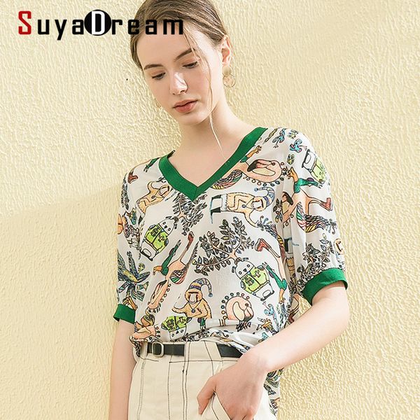 

suyadream chiffon blouse women 100% silk crepe printed v neck casual blouse shirt 2020 summer elegant silk top, White
