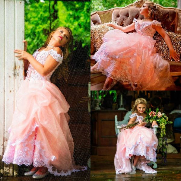 Niedliche rosa Blumenmädchenkleider für Hochzeiten, schulterfrei, Perlen, A-Linie, Mädchen-Festzug-Kleider, Tutu, Erstkommunion-Kleider, Partykleidung