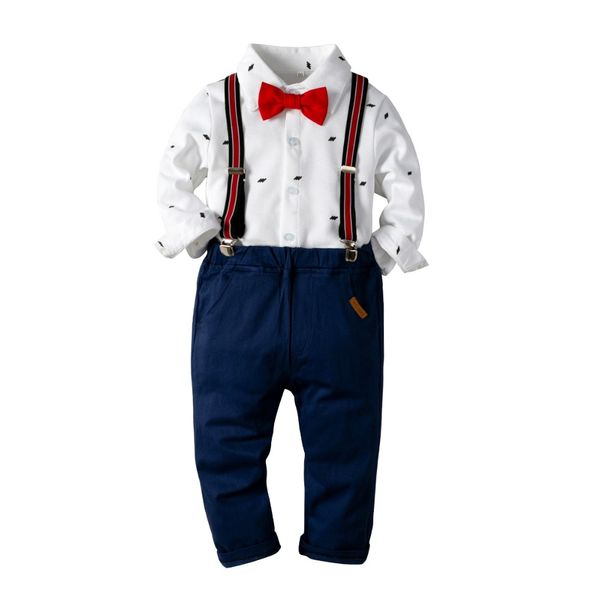 Set di vestiti formali per ragazzo Set di vestiti per bambini Vestiti per ragazzo Bambini 3 pezzi Set Camicia a maniche lunghe in cotone + bretelle Pantaloni + Papillon