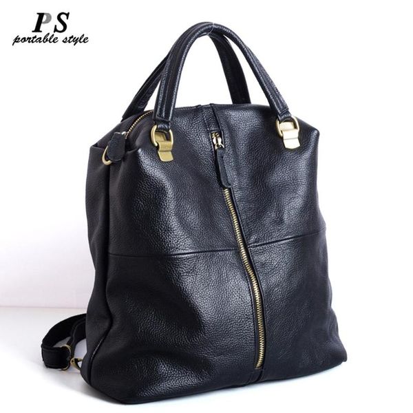 

new fashionable black multi-purpose double-shoulder genuine leather bag women cow leather mochila feminine backpack