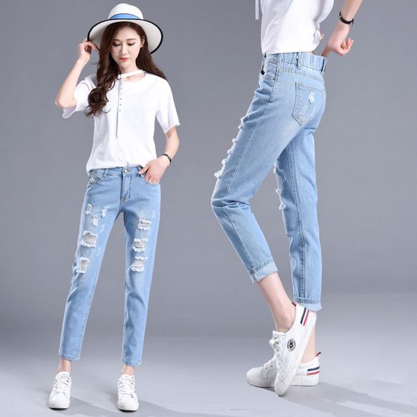 

2019 new women elastic ankel-length demin pants high waist ripped washed regular straight casual coated lady jeans with cuffs, Blue