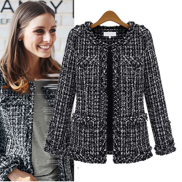 

women plaid jacket outerwear 2020 women fashion coat autumn winter thin black checkered tweed casual t200111, Black;brown