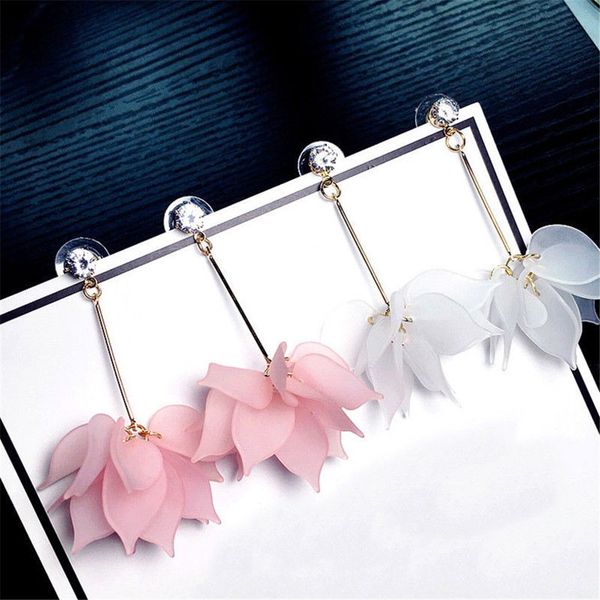 

1pair women fashion colorful crystal flower drop earring bohemia long chain white pink statement dangle earrings wholesale, Silver