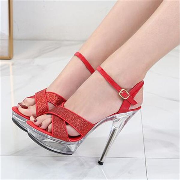 

summer fashion sequins transparent 13/15cm high heels shoes women waterproof platform rhinestone fairy thin heels sandals, Black