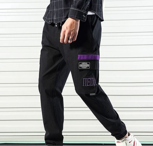 

men's pants 2021 mens high street style sweatpants ankle banded ninth multi-pocket fashionable japanese stylelish, Black