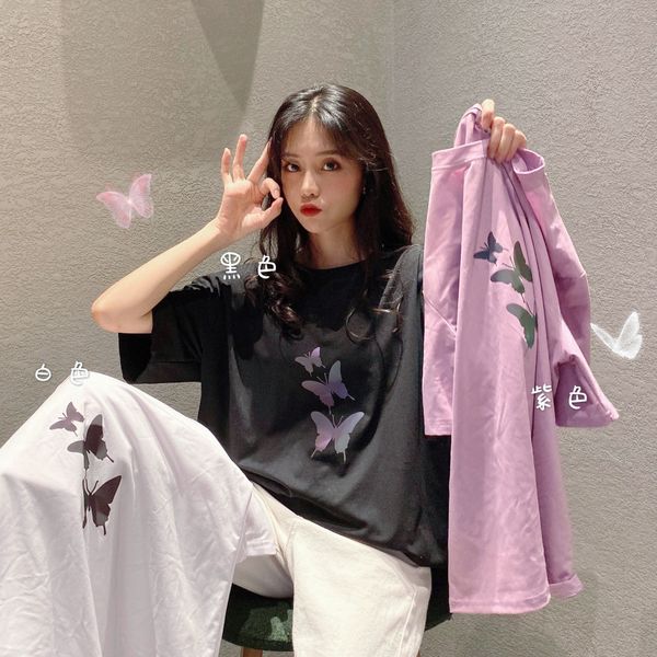 

ins design sense underwear butterfly butterfly printed underclothes missing loose short-sleeved t-shirt top, White