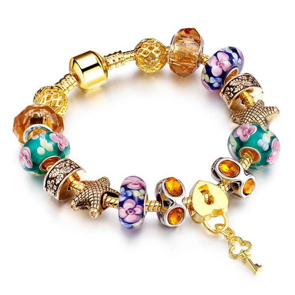 

fashion luxury designer cute lovely diy diamond crystal european glass beads key charm bracelet for woman girls 20cm, Golden;silver