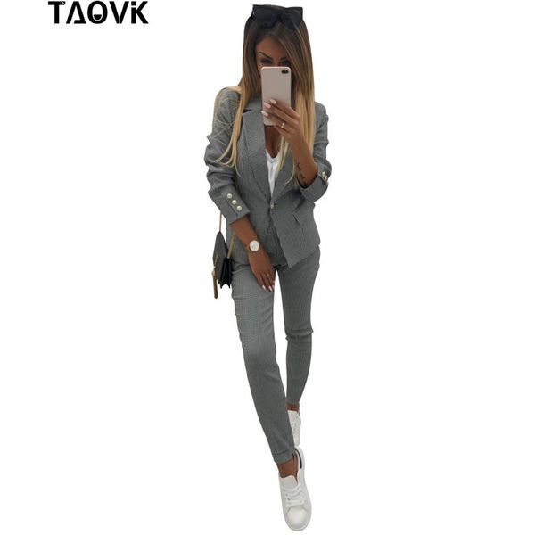 

taovk chic women's small plaids suits bussiness pant suits single button 2 pockets blazer lined and pants two piece set, White