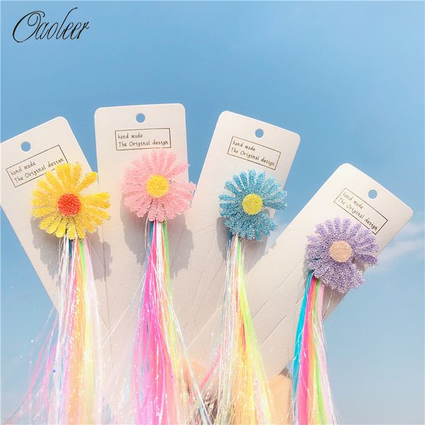 

hair accessories summer daisy flower clips for girls with long colorful wig princess hairpins ponytail hairgrips kids, Slivery;white