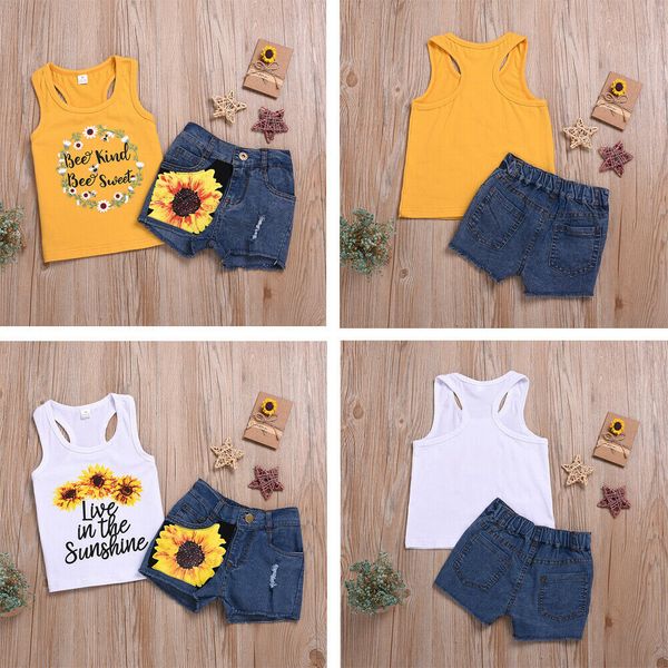 

new 2pcs toddler kids baby girl sunflower t-shirt+denim shorts outfits clothes, White