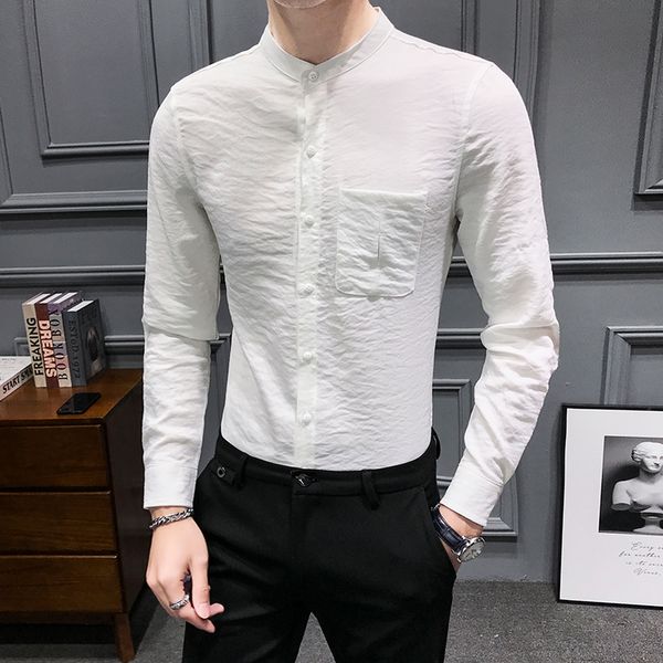 

black white shirt men long sleeve slim stand casual dress shirts mens formal business streetwear social shirt camisa 2020 new, White;black