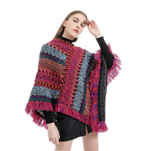 

autumn winter color weaving v neck street herringbone tassels fringe asymmetrical thermal shawl cape scarf poncho knitting sweaters cloak, Black