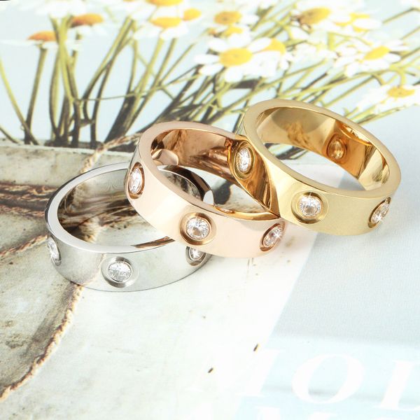 

4mm 5mm 6mm titanium steel silver love ring with six diamond men and women rose gold ring for lovers couple ring for gift