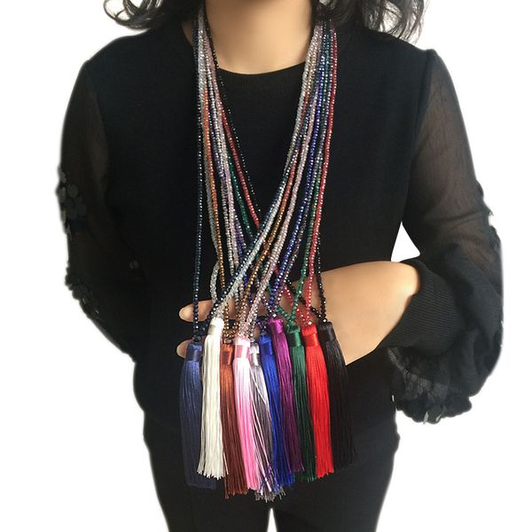 

new tassel necklace 10 colors choice silk tassel glass beads crystal necklaces 90cm long necklace women gifts jewelry, Silver