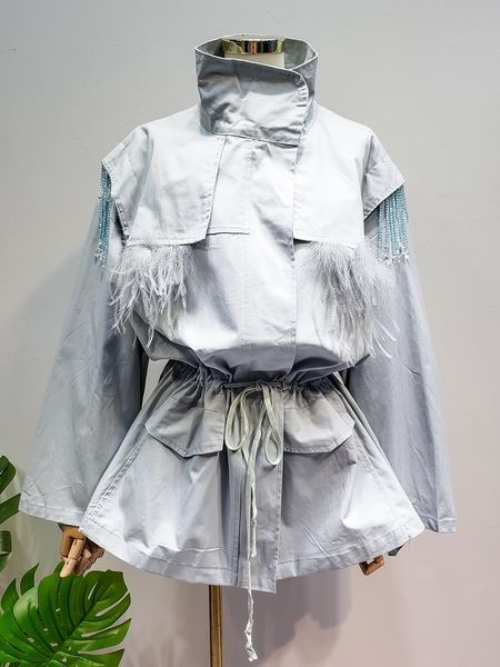 

2019 new autumn and winter heavy work beaded tassel high waist with feather decoration long windbreaker jacket, Black;brown