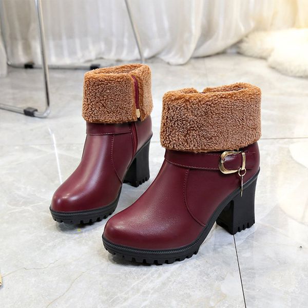 

woman autumn chunky high heels zipper warm ankle boots ladies buckle strap woman's pu short plush casual shoes charm shoes, Black