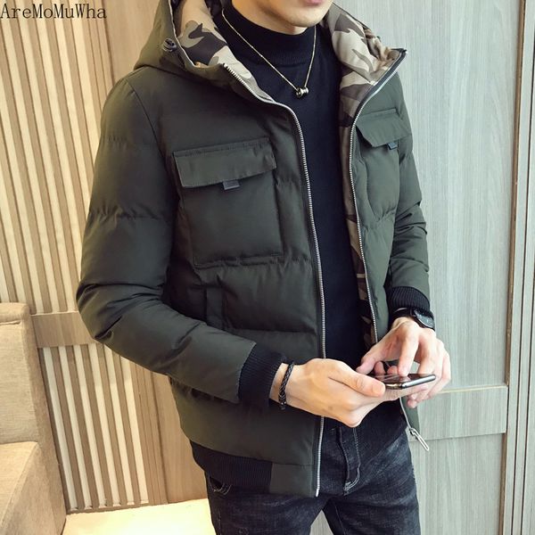 

aremomuwha men's jacket winter men's new cotton suit korean version of the trend hooded cotton pad short section thick handsome, Black
