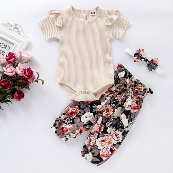 

baby girls 3pcs outfit short sleeve romper floral long pants headwear newborn summer outfits baby girls clothes set, White
