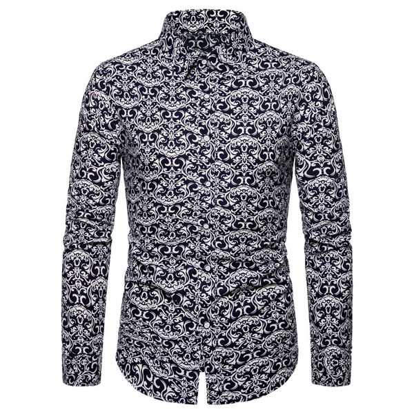 

autumn winter men's blouse shirts casual slim fit long sleeve vintage hawaii printed turn-down collar men dress shirts, White;black