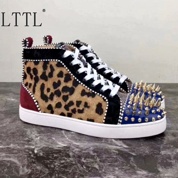 

lttl mixed-color leopard spikes sneakers men lace-up high leather sneakers men's hip hop shoes male casual flats, Black