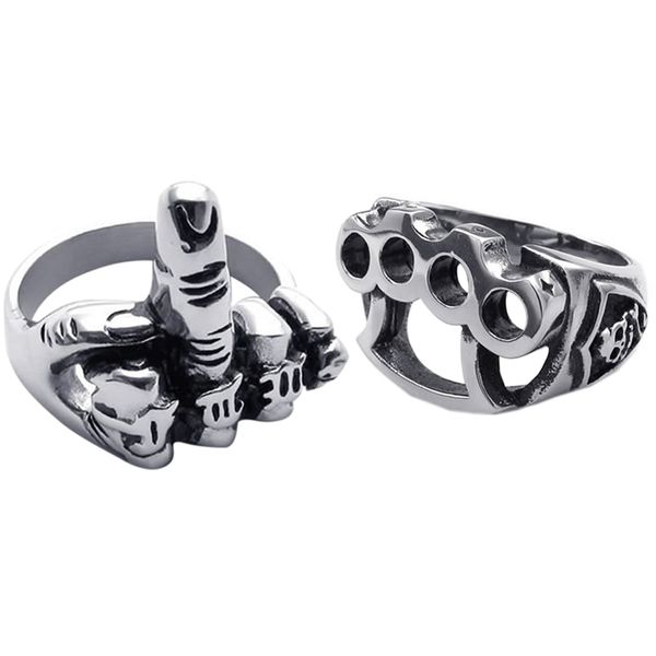 

2 pcs stainless steel men's ring:1 pcs skull boxing gloves, black + silver & 1 retro middle finger, black + silver