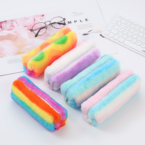 

rainbow plush school pencil case cute pencil box pen bag for girls stationery pouch kids gift school supplies escolar