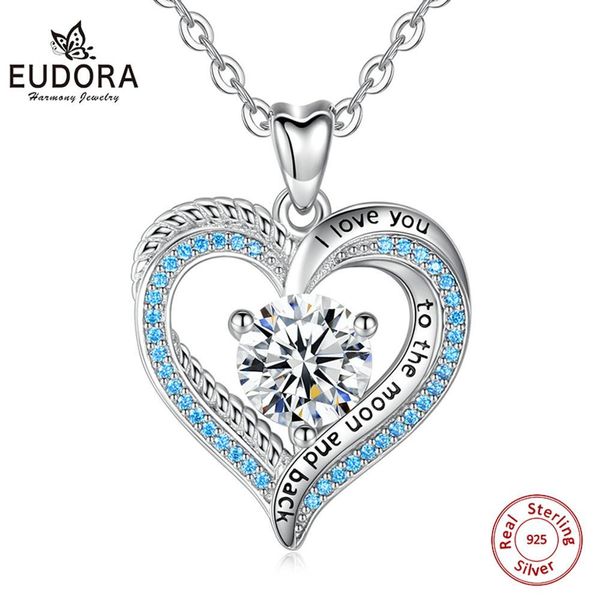 

eudora 925 sterling silver necklace for women engagement fashion jewelry austrian crystal cz romantic blue heart pendant cyd407