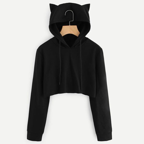 

feitong harajuku women hoodies sweatshirt cat ear long sleeve black solid short sweatshirt pullover sudadera mujer 2018