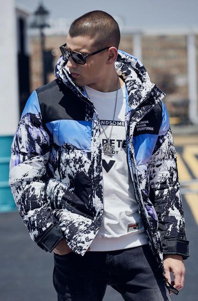 

men's snow mountain down jacket cotton outdoor winter thick warm men's loose cotton jacket hooded thickening, Black