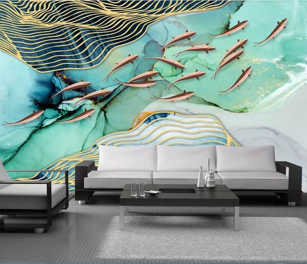 

3d room wallpaper custom p non-woven mural new chinese abstract artistic conception gold line koi zen mural wall wallpaper for walls 3 d
