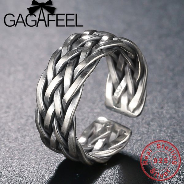 

gagafeel 100% pure 925 sterling silver rings for lover's vintage thai silver punk handmade braided men / women jewelry open ring, Golden;silver