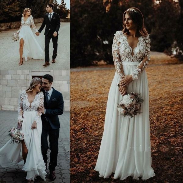 

2019 modest a line wedding dresses summer bohemian beach garden deep v-neck lace appliques chiffon split illusion floor length bridal gowns, White