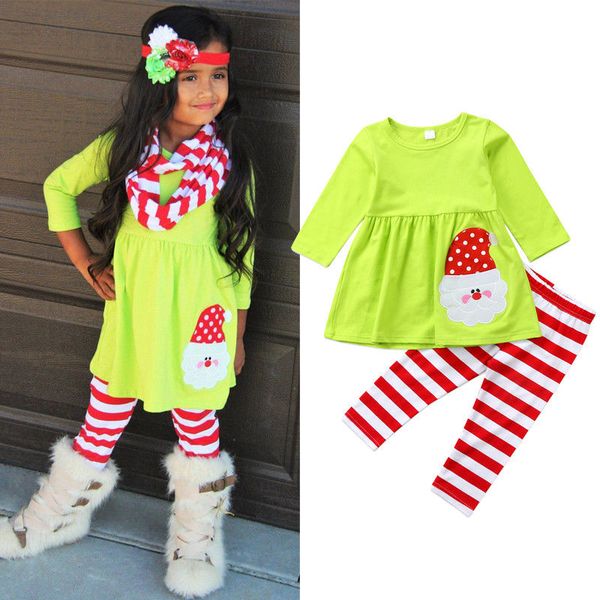 

2019 new year christmas kids girl green santa claus dress stripe pants leggings energetic outfits xmas set clothes 2-7t, White