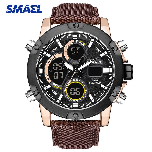 

smael waterproof watch analog lcd digital display outdoor men sport quartz movement date satch back light nylon band watches, Slivery;brown