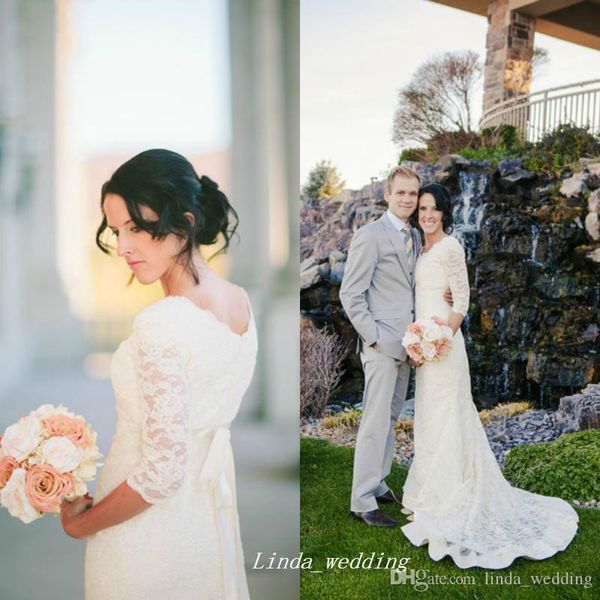 2019 Abito da sposa in pizzo a sirena da giardino Elegante abito da sposa a mezza manica trasparente da donna Plus Size Vestido De noiva