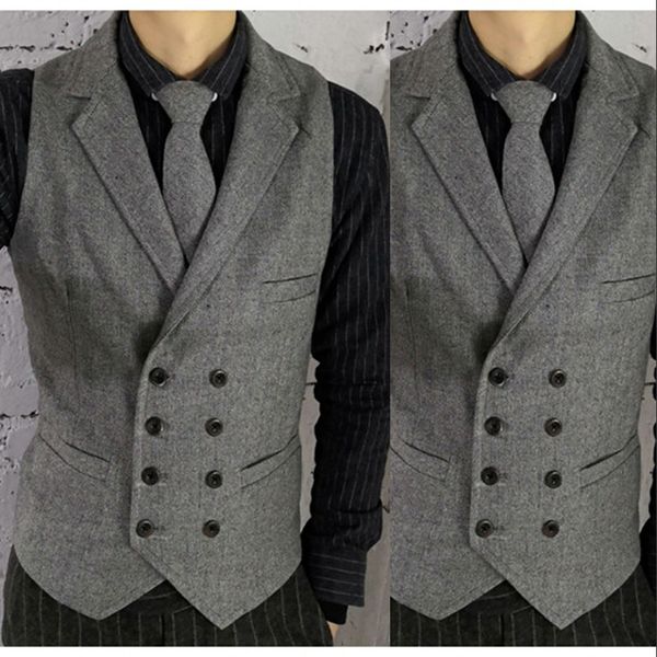 Gilet da sposo doppiopetto Gilet in tweed di lana grigia Vestibilità slim con risvolto con risvolto Prom Gilet da uomo Tasche da strega Gilet da sposa