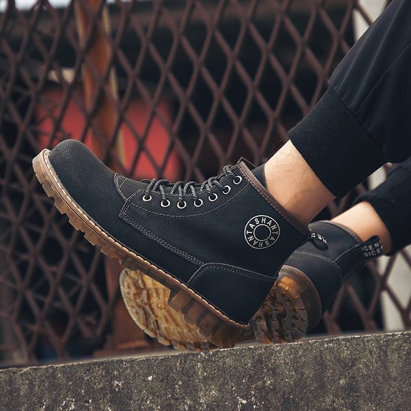 

2019 boots men's boots high to help leather shoes british wild tooling winter cotton shoes plus velvet snow, Black