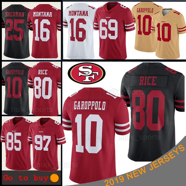 

10 jimmy garoppolo san francisco 85 george kittle 80 jerry rice 49er 97 nick bosa 25 richard sherman 16 joe montana football jersey, Black;red