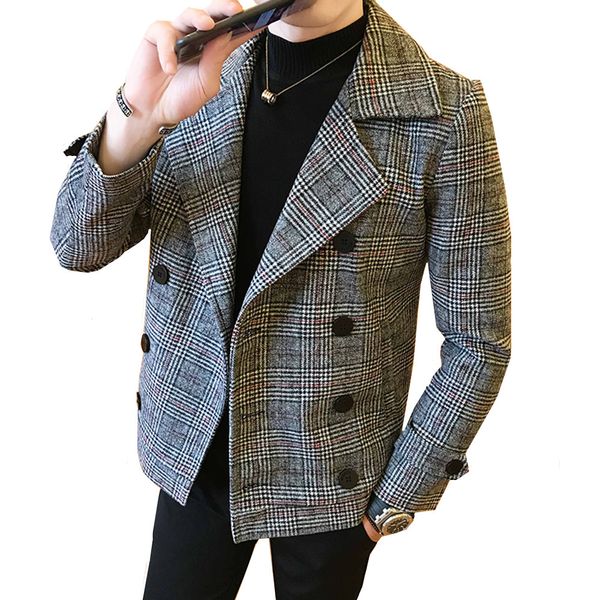 

2019 paragraph warn slim jacket men's autumn winter new british style trendy lattice thicker double breasted woolen coat short, Black