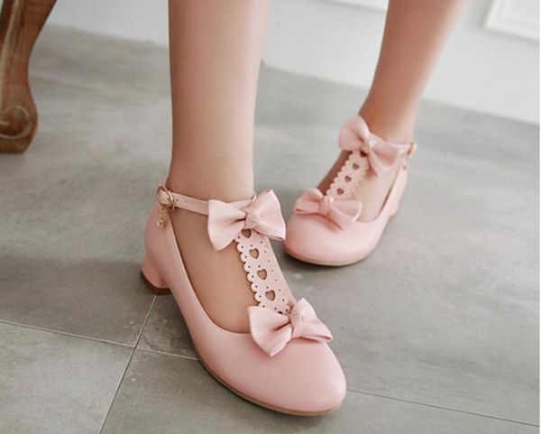 

us4-12 womens round toe bowknot t-strap block heels pumps lolita mary janes sweet ankle buckle rhinestones shoes cosplay 3colors, Black