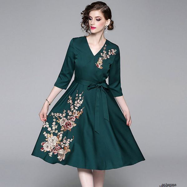 

womens designer wind season temperament v-neck lace-up exquisite embroidery hem long dress2lvgh, Black;gray