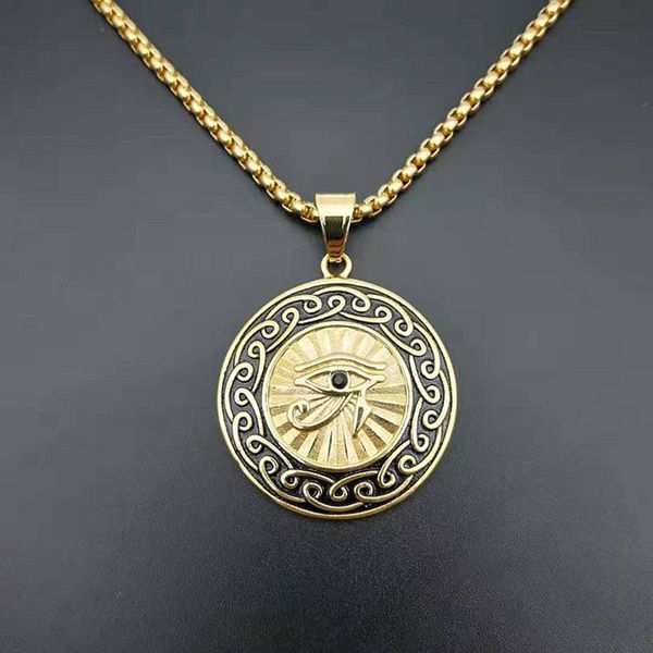 

hip hop rock gold color stainless steel horus eyes round pendants necklaces for men rapper jewelry, Silver