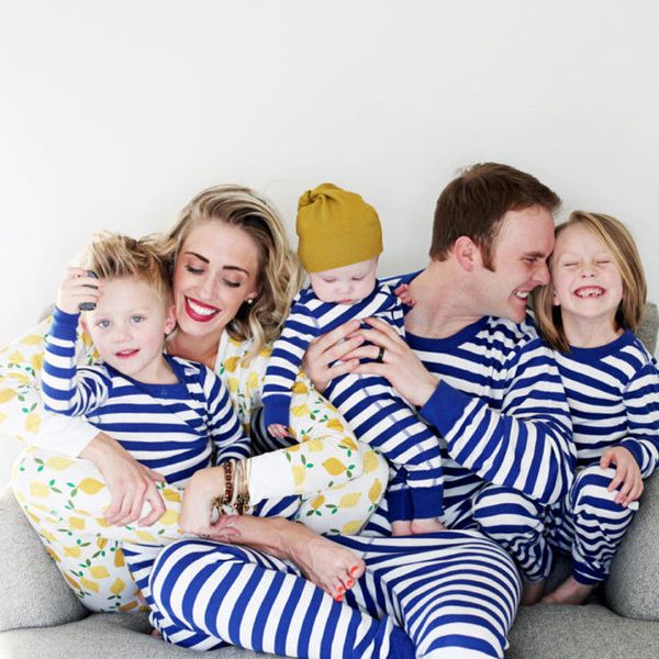 

xmas kids family matching pajamas set christmas father mother kid striped cotton t shirt pant sleepwear brand costume, Blue