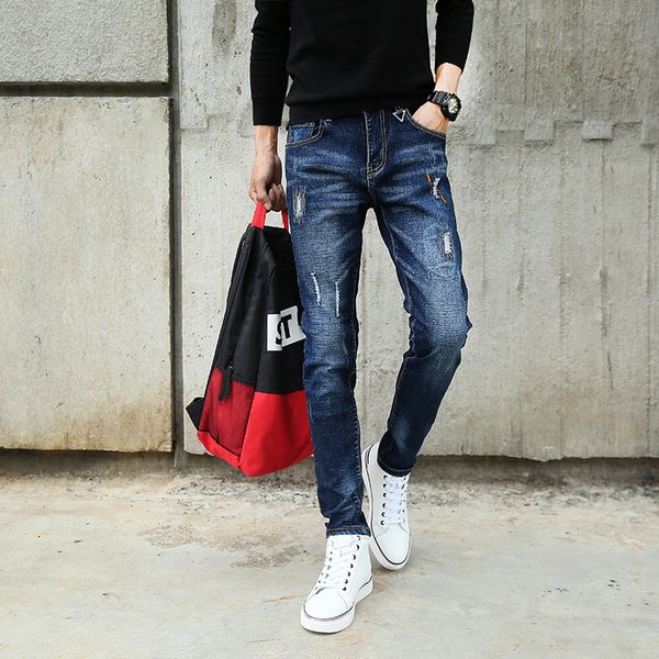 

2019 spring new style men's jeans men's autumn elasticity slim fit pants casual elasticity skinny pants wear fashion, Blue