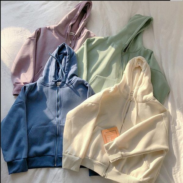 

solid color winter thick plus velvet comfort warm hooded zipper sweatshirt, Black