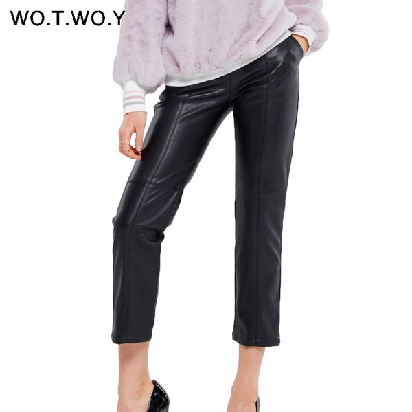 

wotwoy 2020 autumn winter high waist leather pencil pants women streetwear slim long leather trousers female harajuku clothes, Black;white